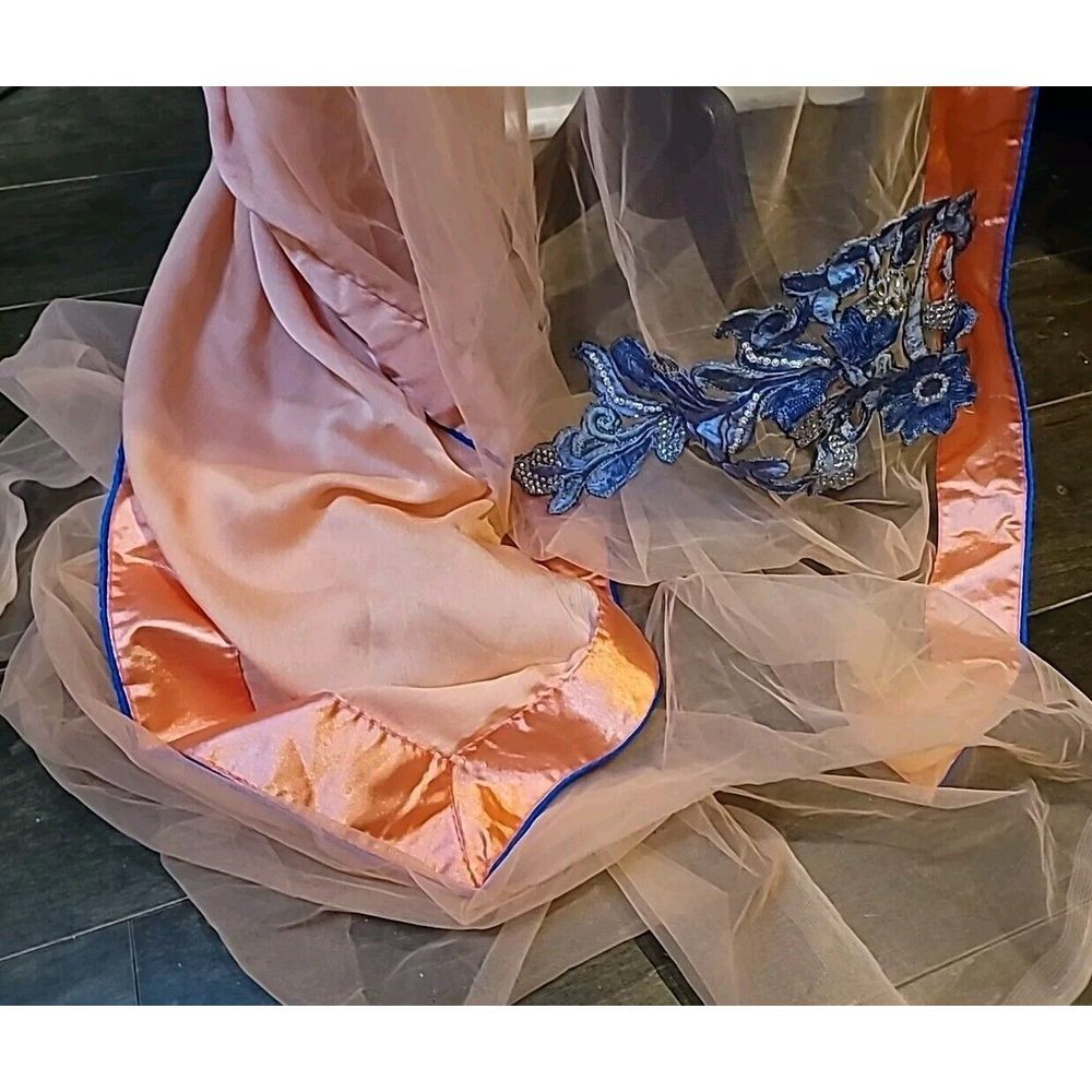 Vintage Heavy Bridal Dupatta Peach Long Hijab‎ Embroidered Veil - Picture 5 of 10
